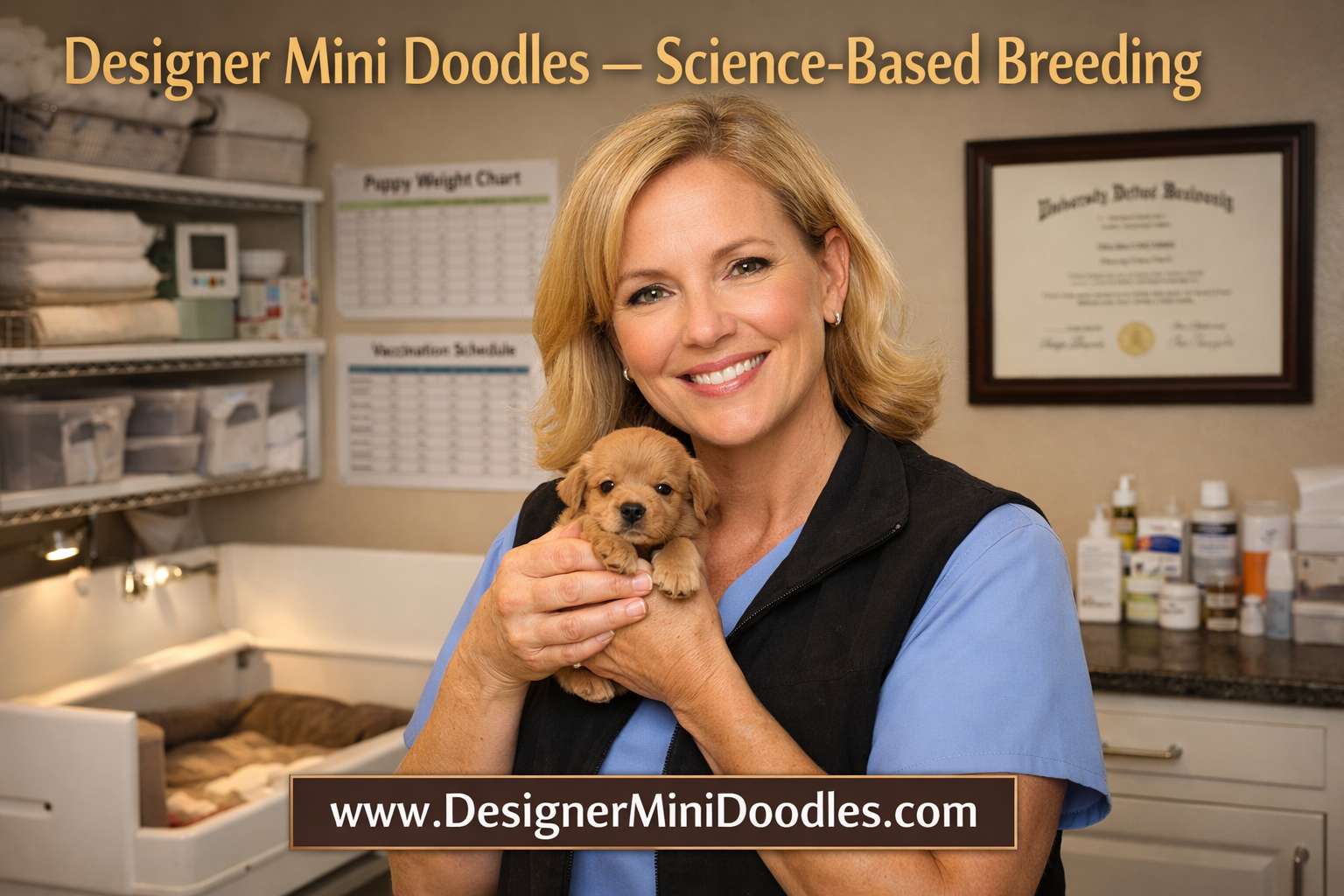 () editorial image showing a professional animal biologist woman in a clean, bright whelping room holding a tiny apricot