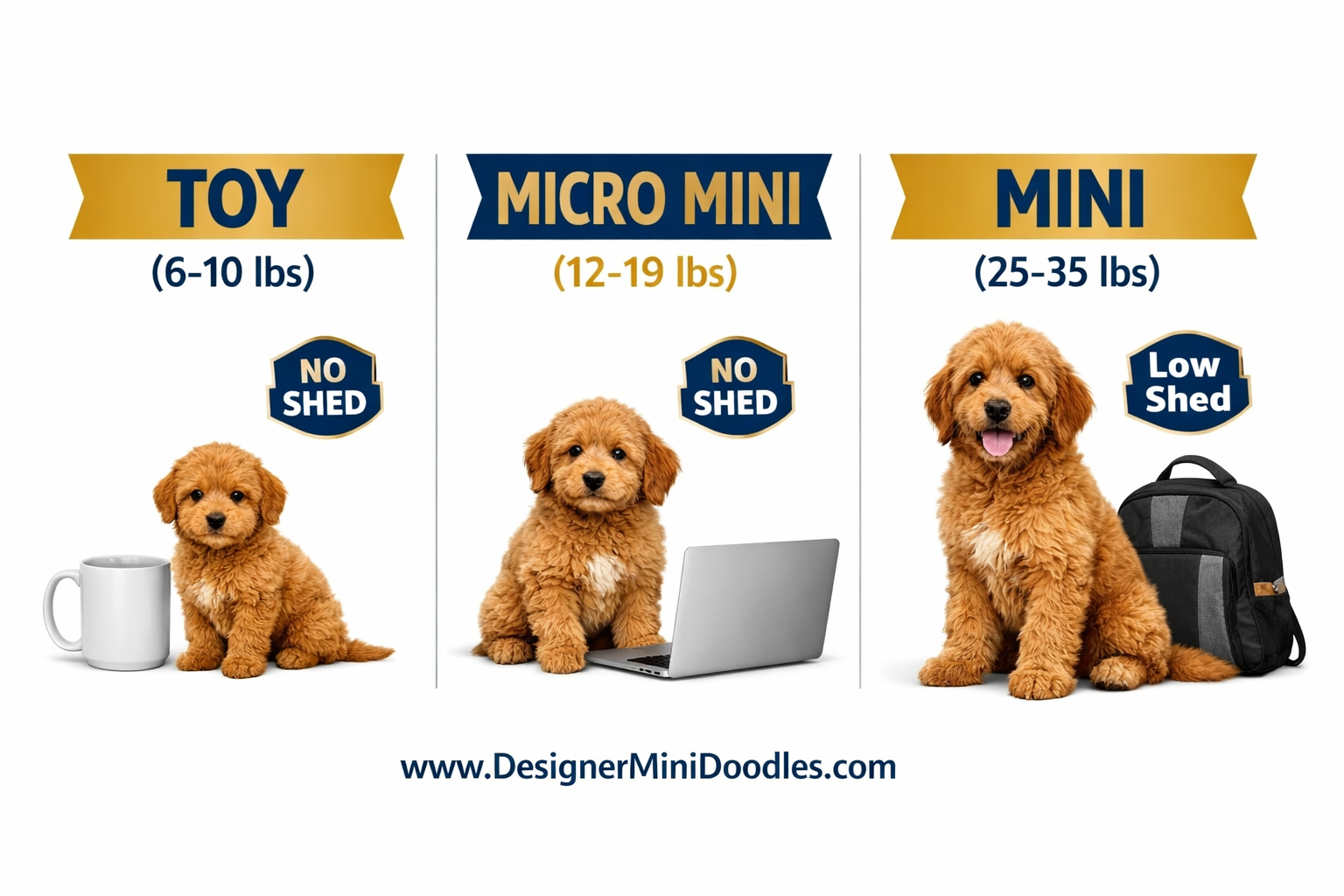 () infographic-style image showing a side-by-side size comparison of three goldendoodle sizes: Toy (6-10 lbs) shown as tiny