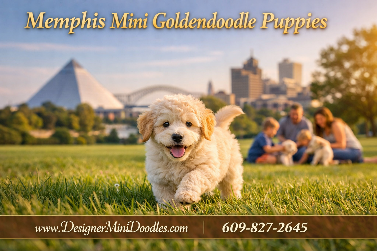() editorial image of a fluffy cream mini goldendoodle puppy playing in a Memphis neighborhood park with iconic Memphis