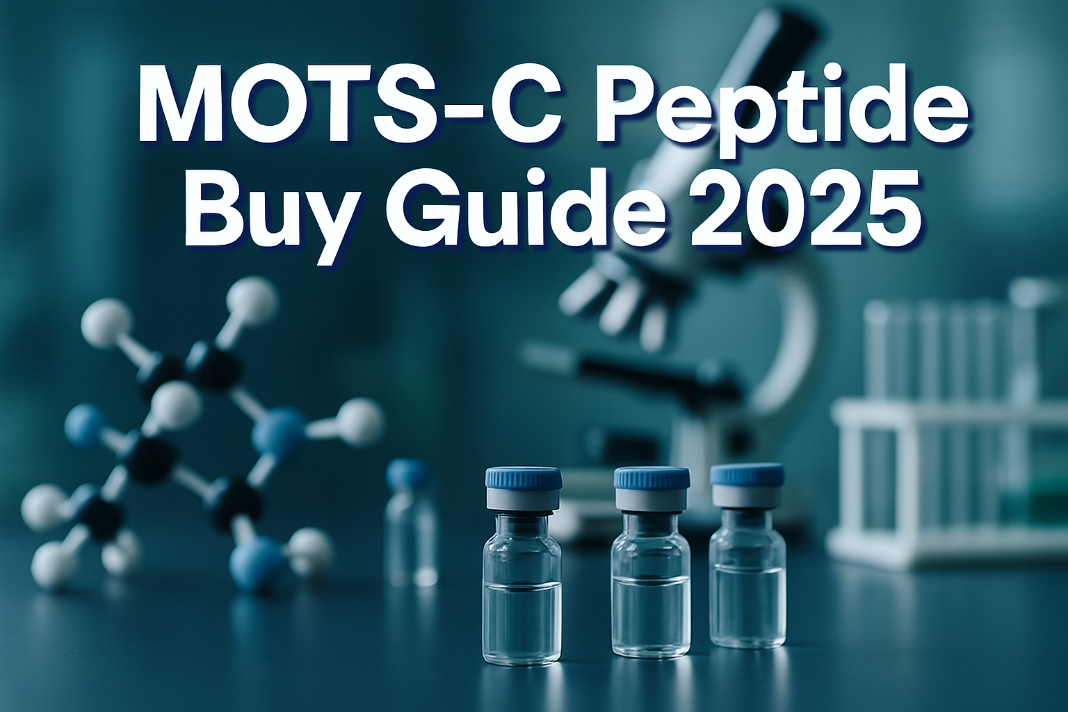 Professional landscape hero image (1536x1024) featuring bold text overlay 'MOTS-C Peptide Buy Guide 2025' in extra large 72pt white sans-ser