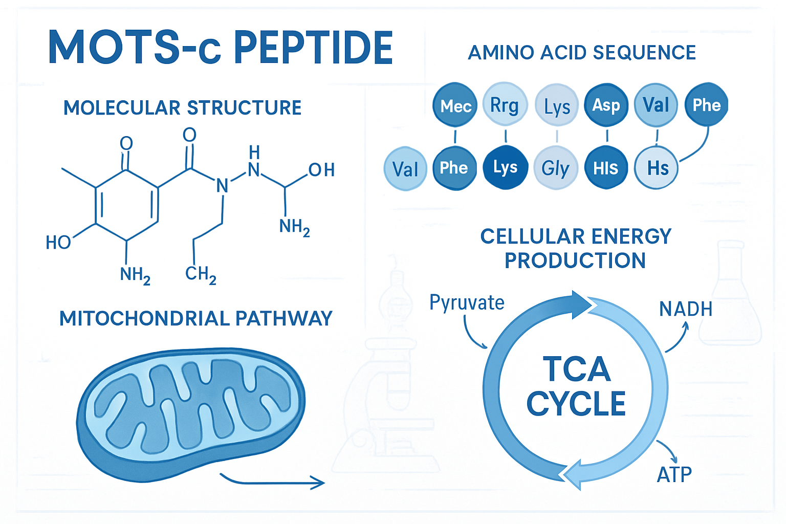 Detailed infographic showing MOTS-C peptide molecular structure with hexagonal chemical bonds, amino acid sequence visualization, mitochondr