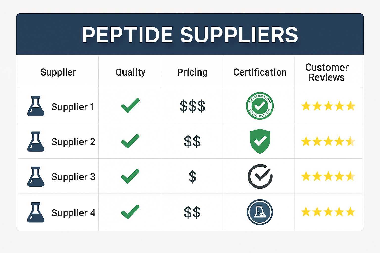 Professional comparison chart displaying different peptide suppliers with quality ratings, pricing tiers, certification badges, and customer