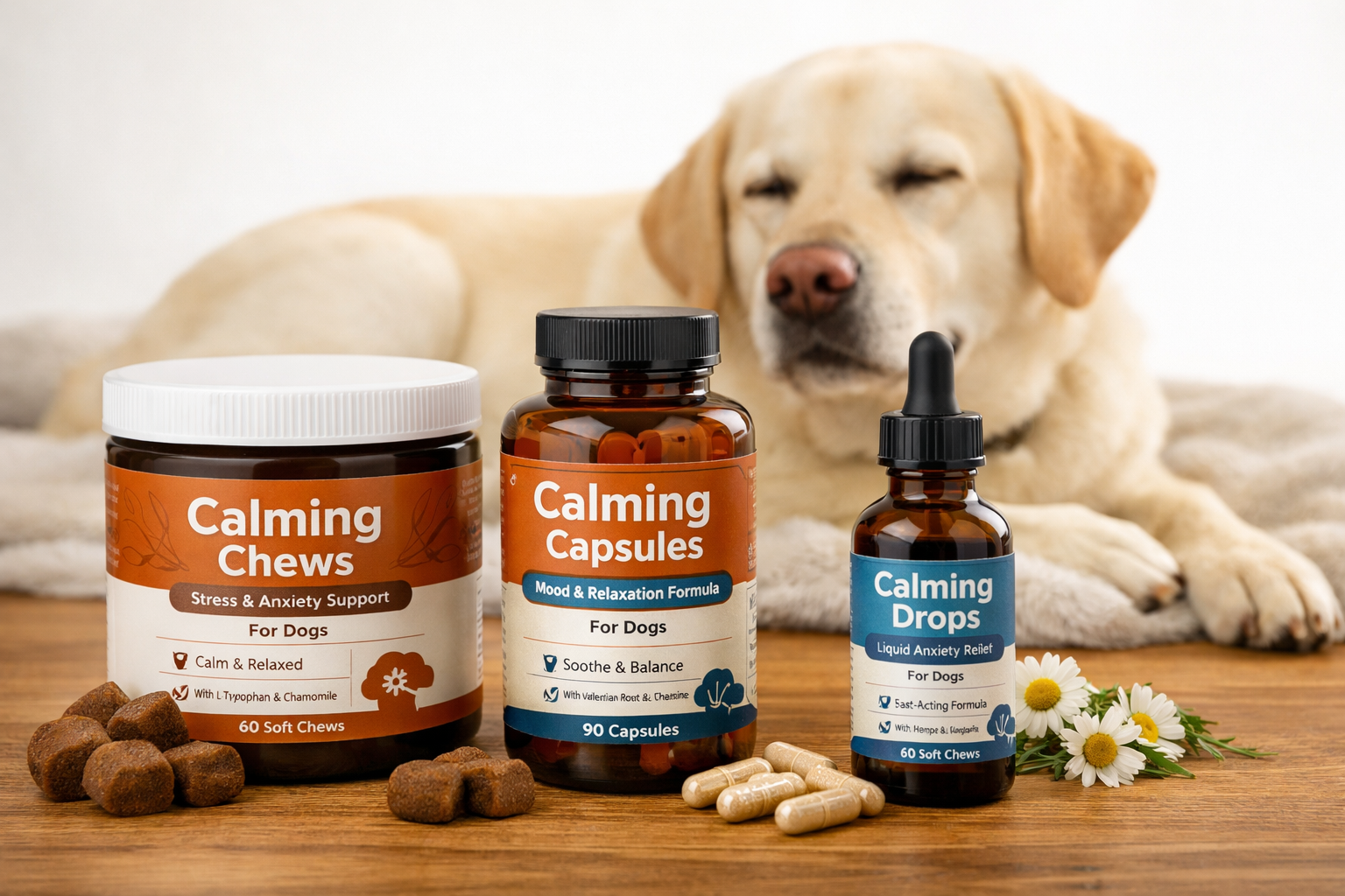 Professional product showcase of calming aid supplements for dogs — show an arrangement of calming chews, capsules, and