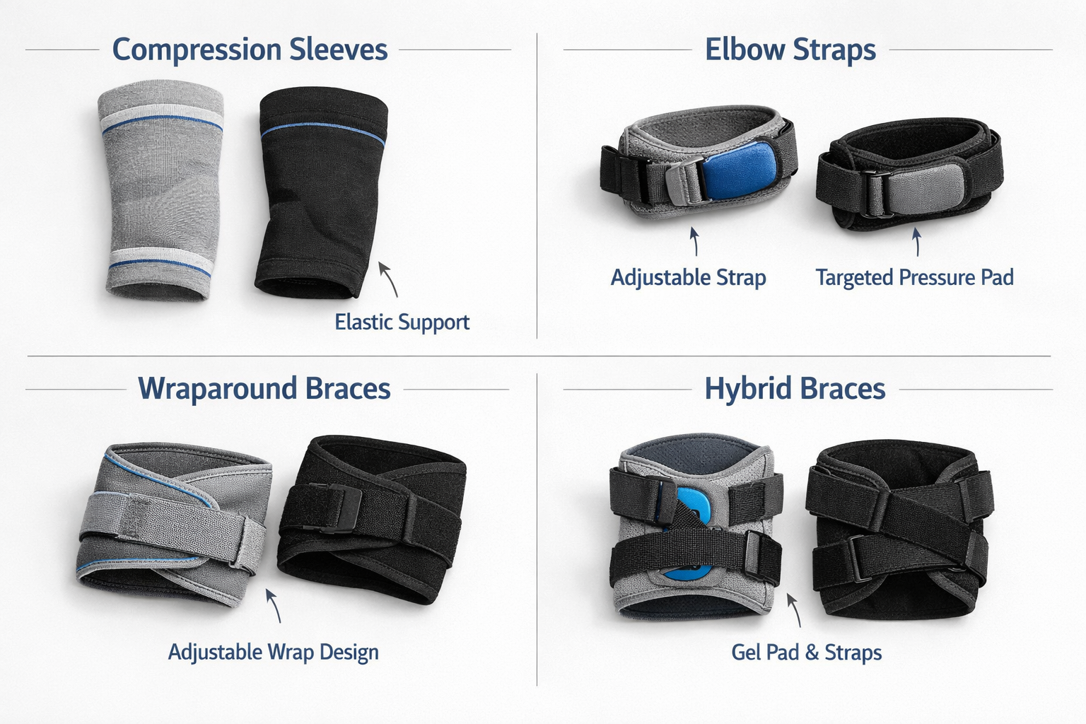 () detailed comparison chart showing different types of arm braces laid out on a clean white surface. Includes compression