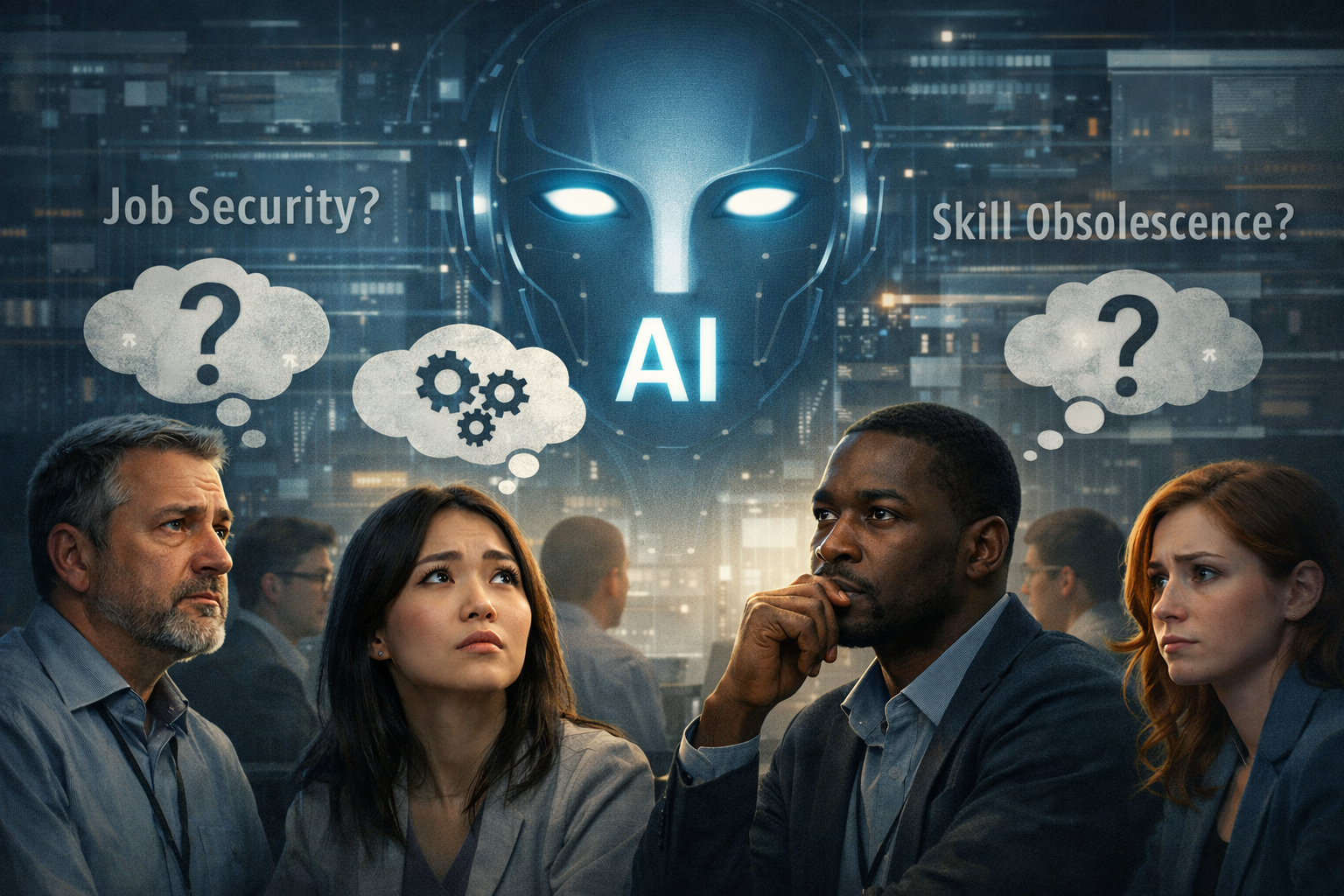 How to Overcome AI Anxiety at Work: The Essential Guide for 2026 2 A landscape format (1536x1024) editorial image illustrating the psychological impact of AI in the workplace. The scene depicts a diverse gro
