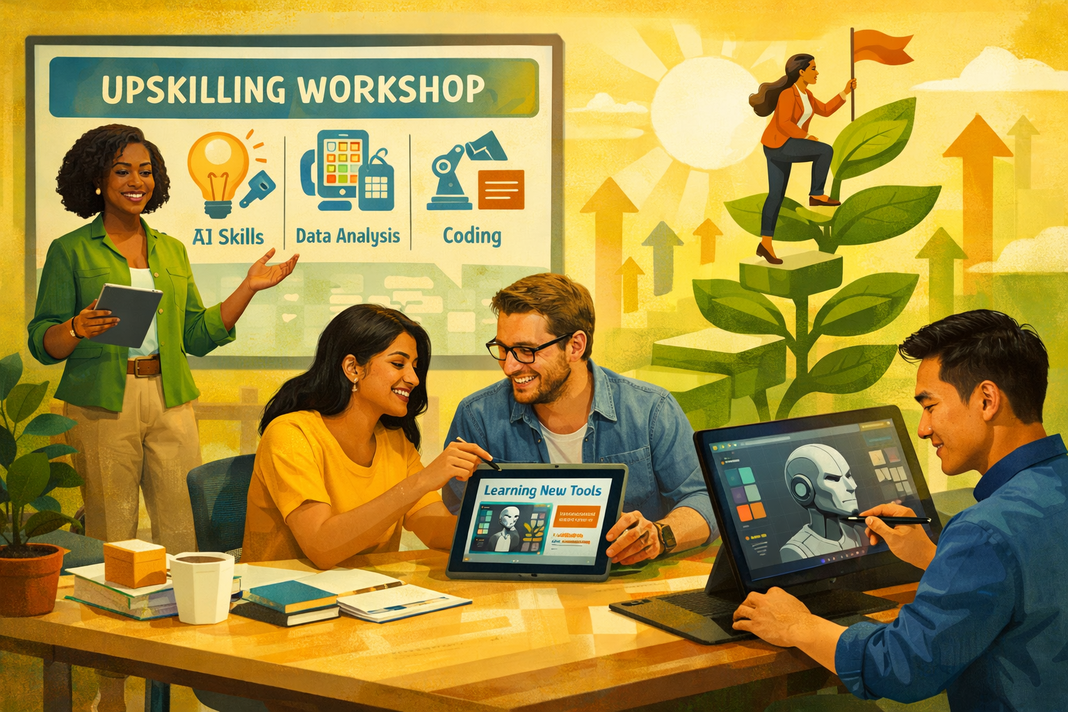 How to Overcome AI Anxiety at Work: The Essential Guide for 2026 3 A landscape format (1536x1024) editorial image illustrating proactive strategies to manage AI anxiety and foster career resilience. The imag