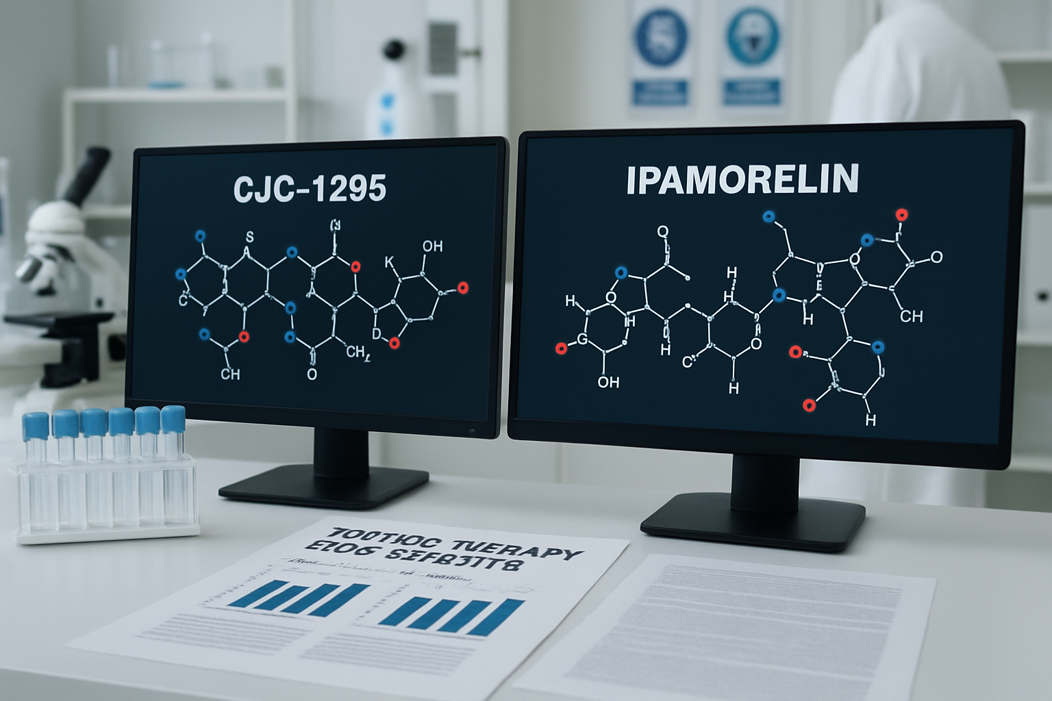 Scientific laboratory setting showing molecular structure diagrams of CJC-1295 and Ipamorelin peptides on computer screens, research papers 