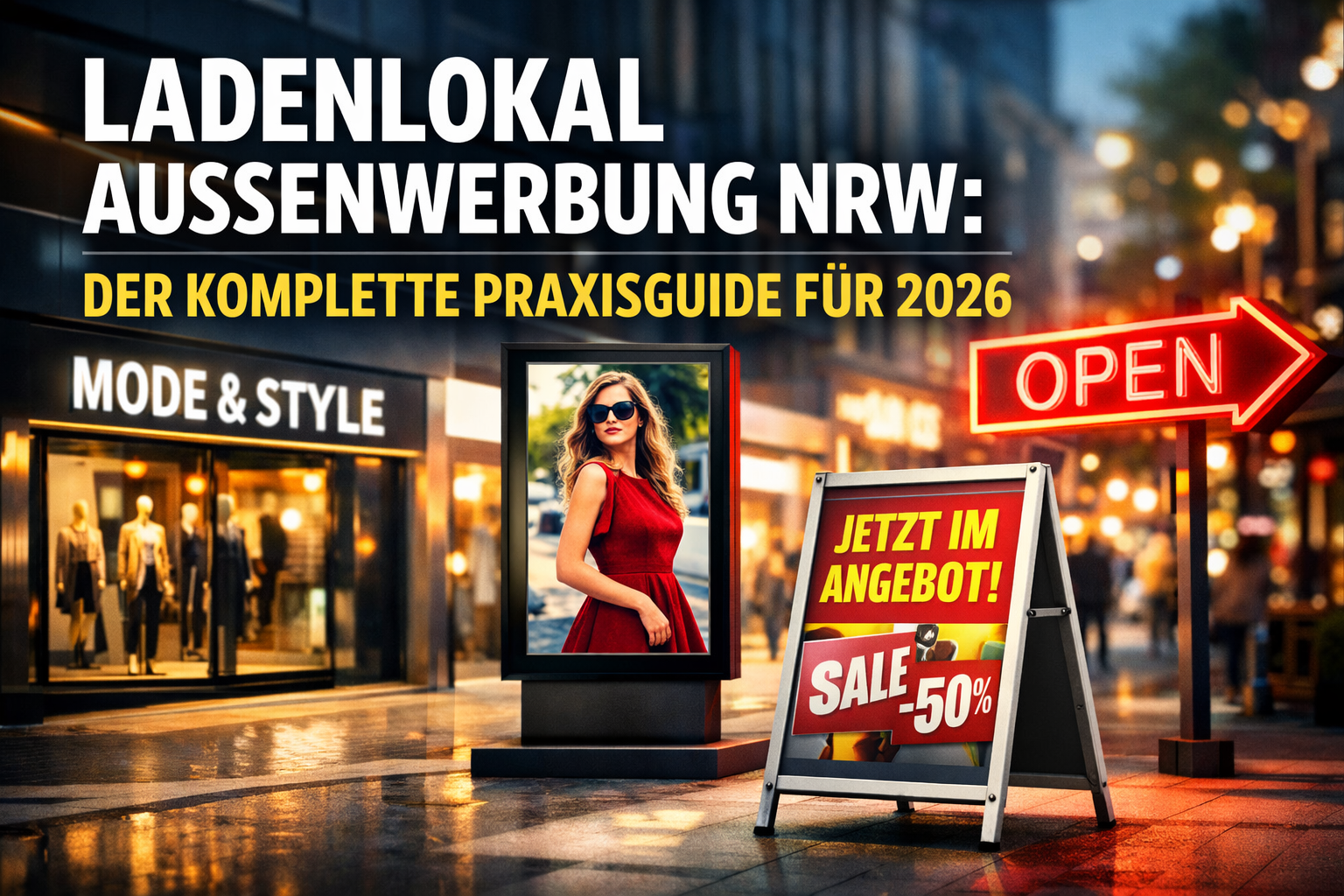 Professional hero image with bold text overlay: "Ladenlokal Außenwerbung NRW: Der komplette Praxisguide für 2026". Modern design, high contr