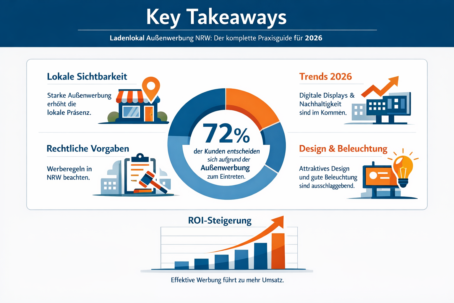 Professional infographic for article "Ladenlokal Außenwerbung NRW: Der komplette Praxisguide für 2026", section: "Key Takeaways". Include re