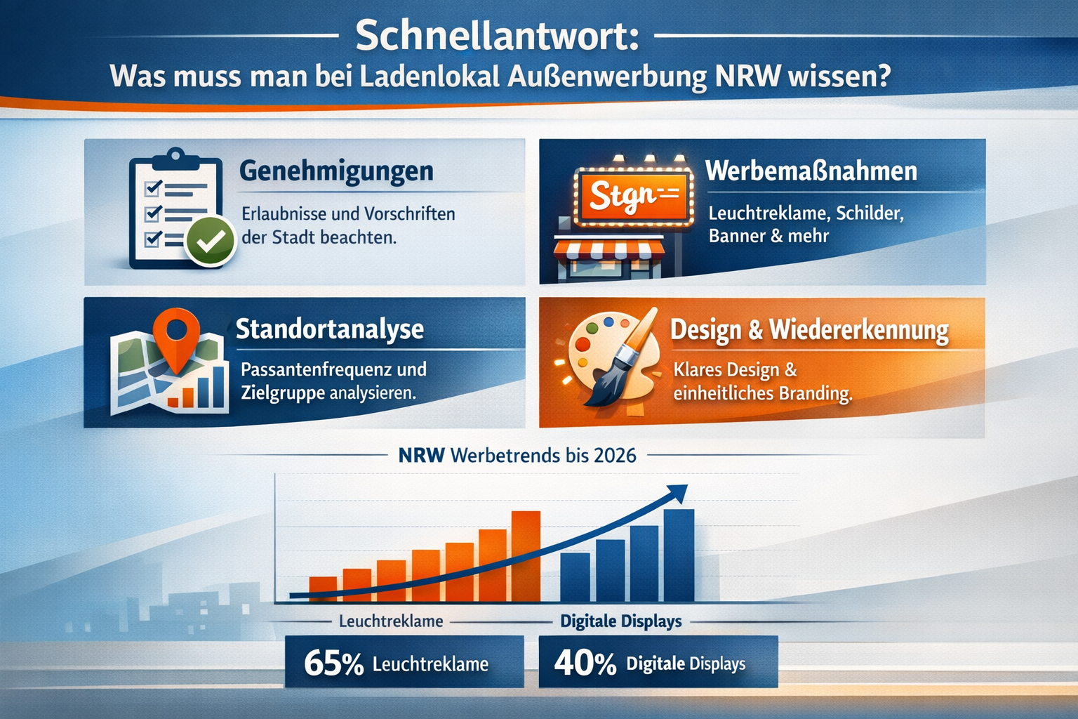 Professional infographic for article "Ladenlokal Außenwerbung NRW: Der komplette Praxisguide für 2026", section: "Schnellantwort: Was muss m