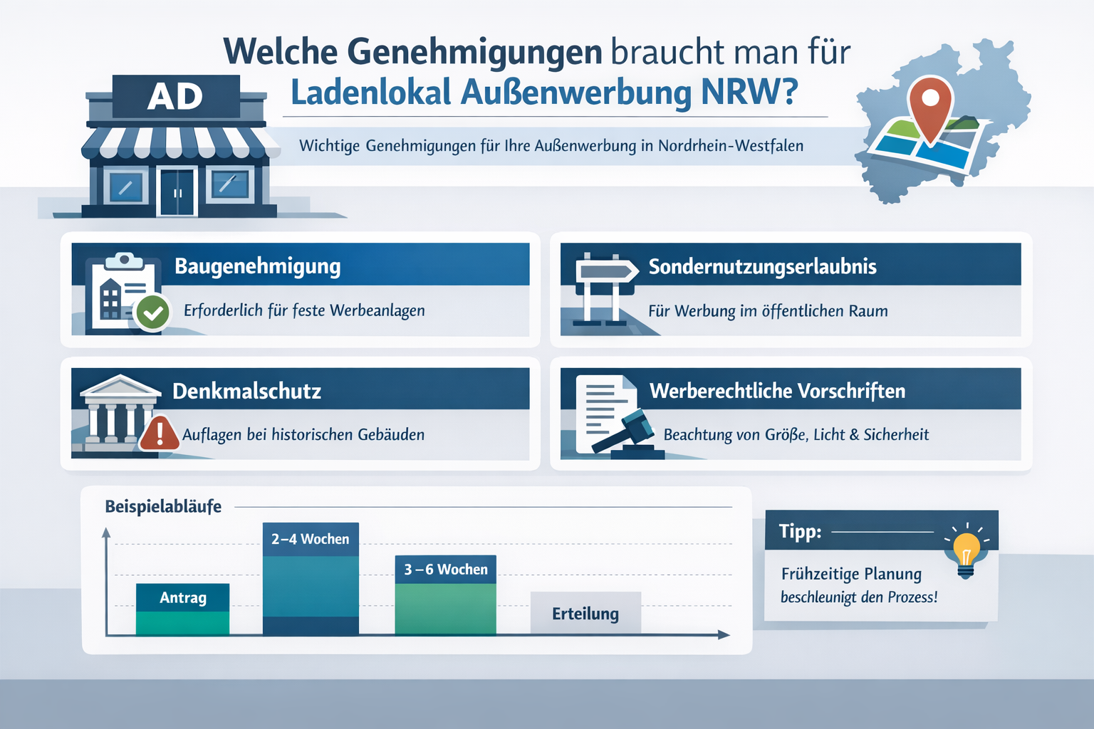 Professional infographic for article "Ladenlokal Außenwerbung NRW: Der komplette Praxisguide für 2026", section: "Welche Genehmigungen brauc