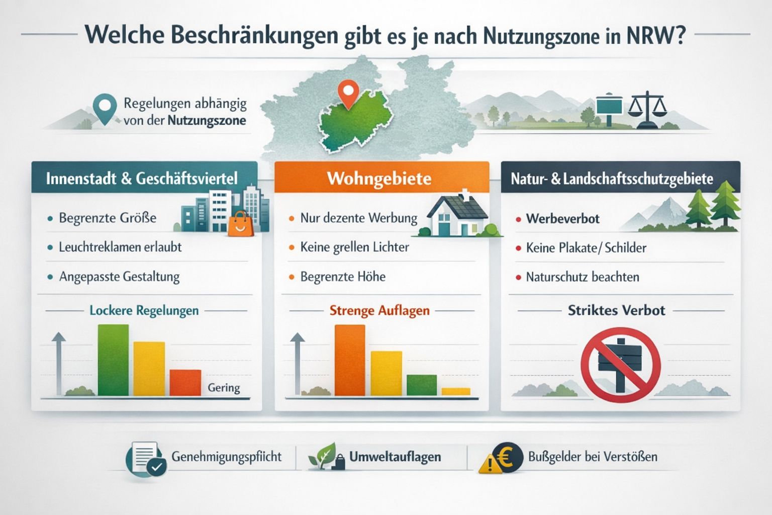 Professional infographic for article "Ladenlokal Außenwerbung NRW: Der komplette Praxisguide für 2026", section: "Welche Beschränkungen gibt