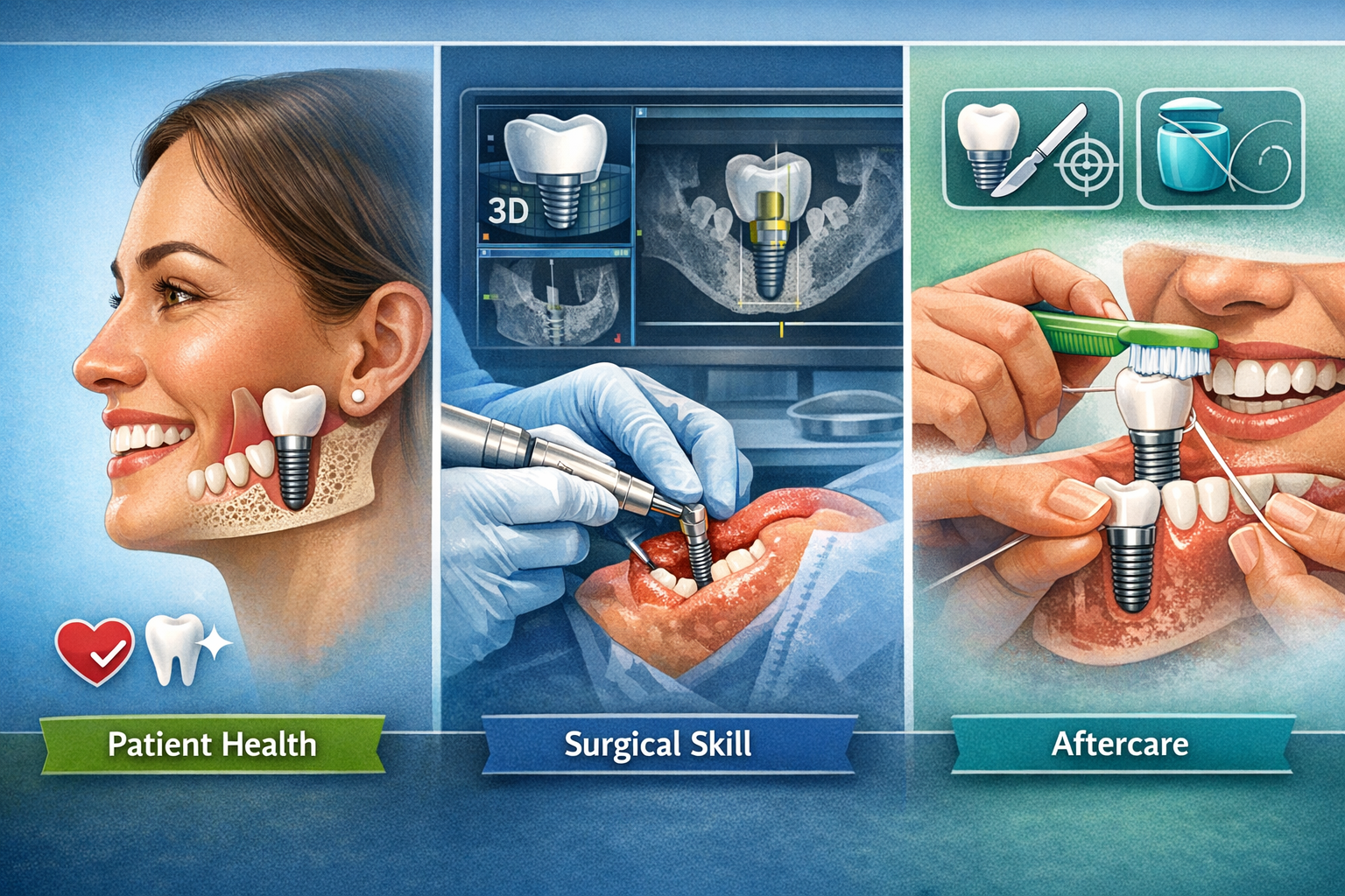 Detailed () image illustrating various factors affecting dental implant success. The composition shows three distinct