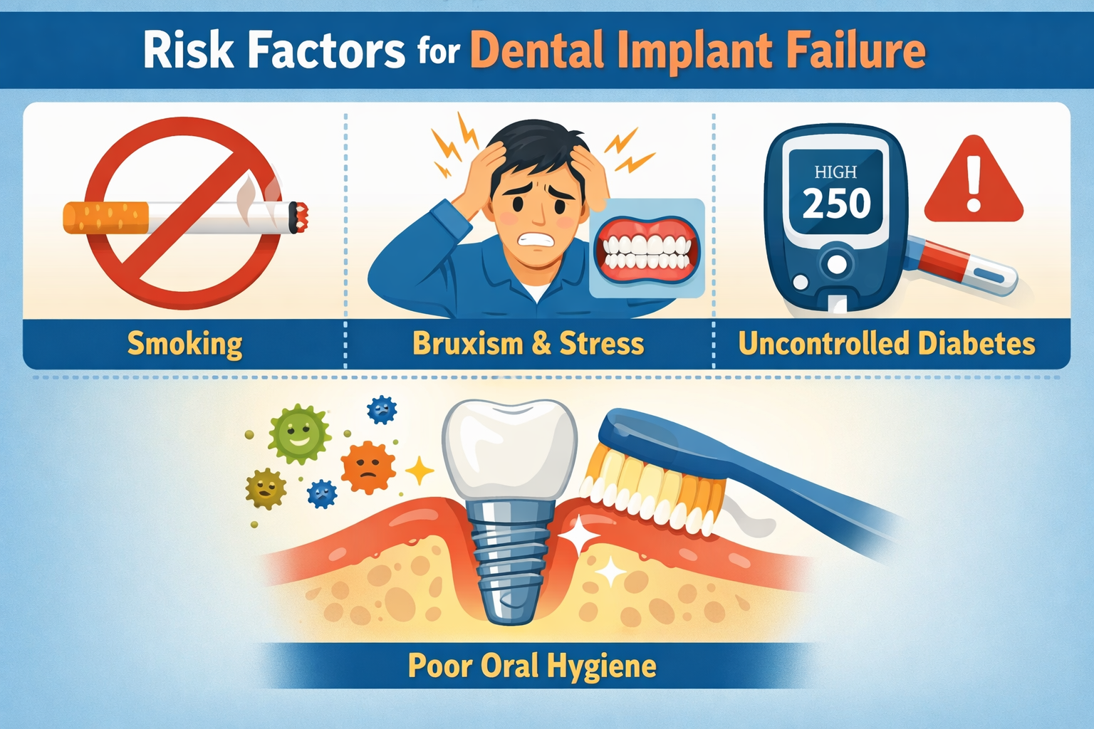 Detailed () image presenting common risk factors for dental implant failure. The visual should be an infographic-style