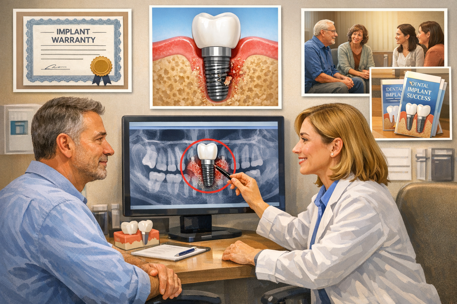 Detailed () image depicting the process and support for a patient experiencing dental implant failure. The central element