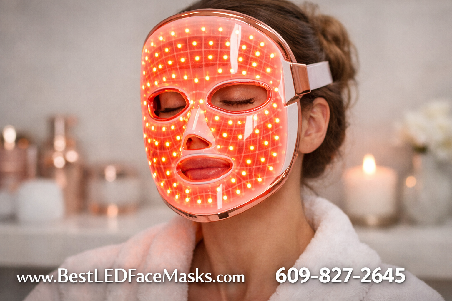 () close-up editorial photograph of a woman wearing a full-coverage LED face mask glowing with warm red and amber light in a