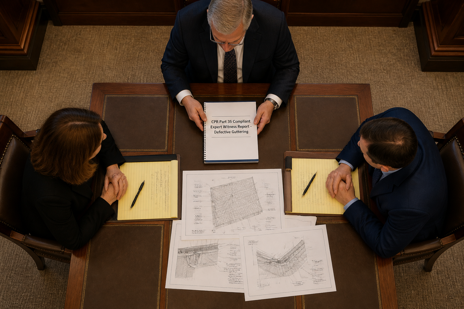 () top-down aerial view of a formal UK courtroom mediation table with two parties facing each other, a neutral expert