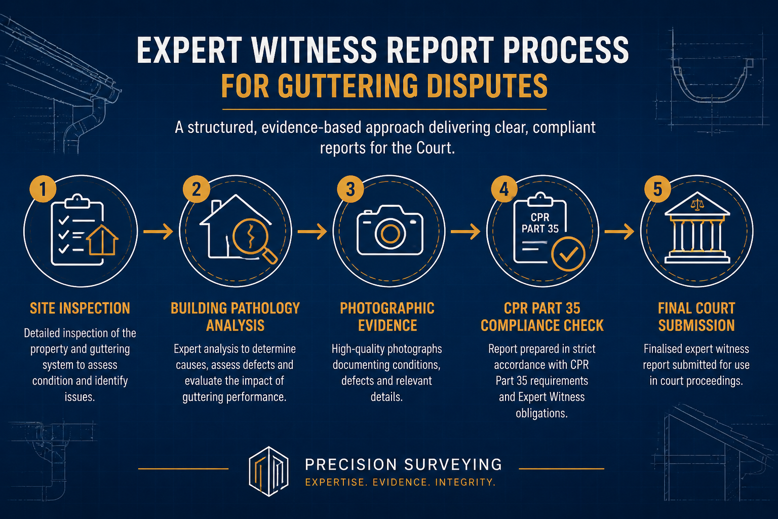 () infographic-style image showing a step-by-step flowchart of the expert witness report process for guttering disputes: