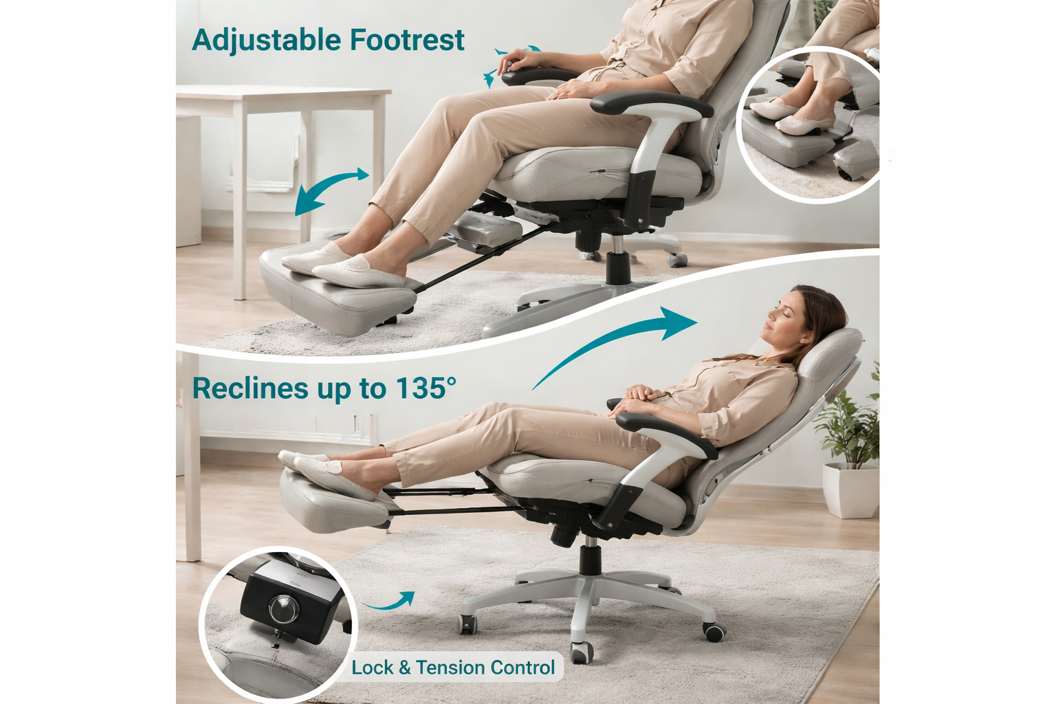adjustable footrest and reclining mechanism demonstration