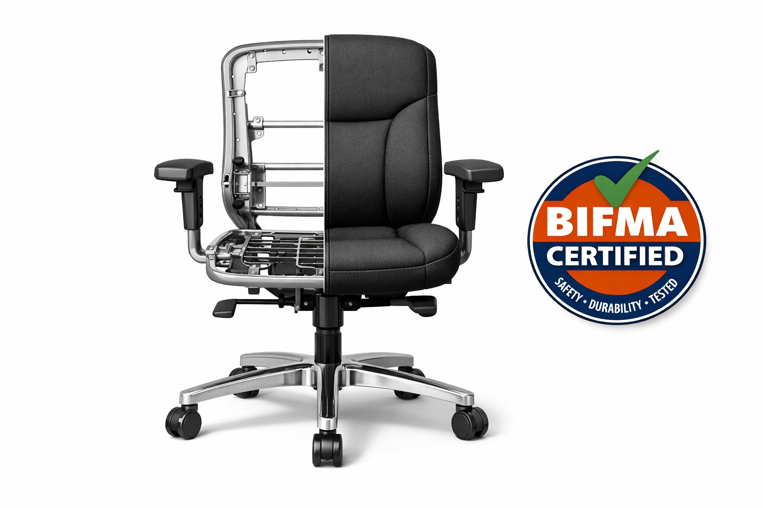 chair construction showing metal frame and BIFMA certification