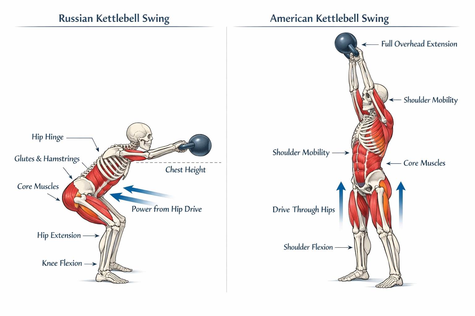 Landscape format (1536x1024) detailed anatomical illustration showing side-by-side biomechanical comparison of Russian versus American kettl