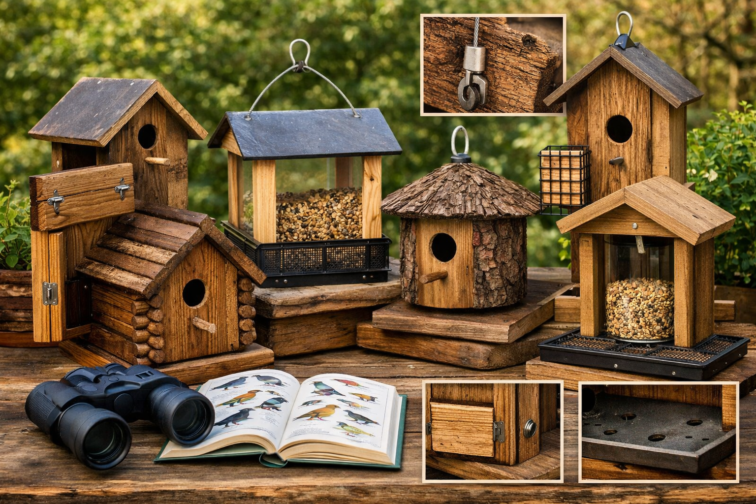 Landscape format (1536x1024) image showcasing a diverse collection of eco-friendly wooden birdhouses and feeders in various styles (rustic, 