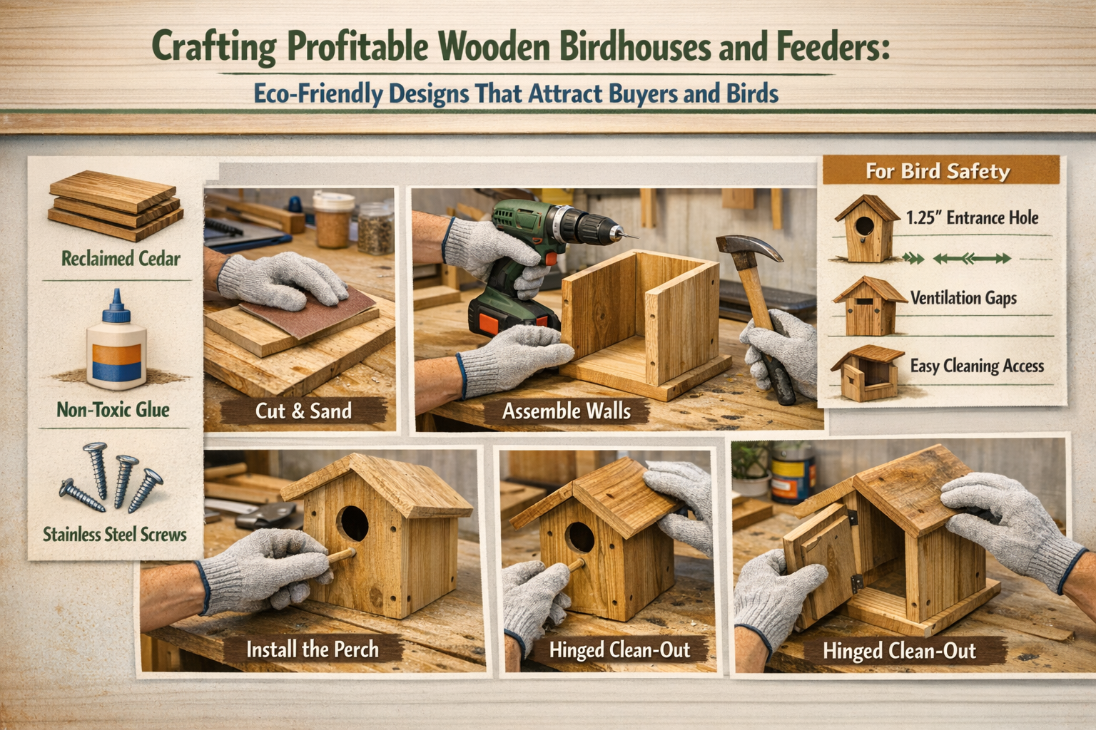 Landscape format (1536x1024) image illustrating a step-by-step assembly process for a wooden birdhouse. Show hands (wearing gloves) working 