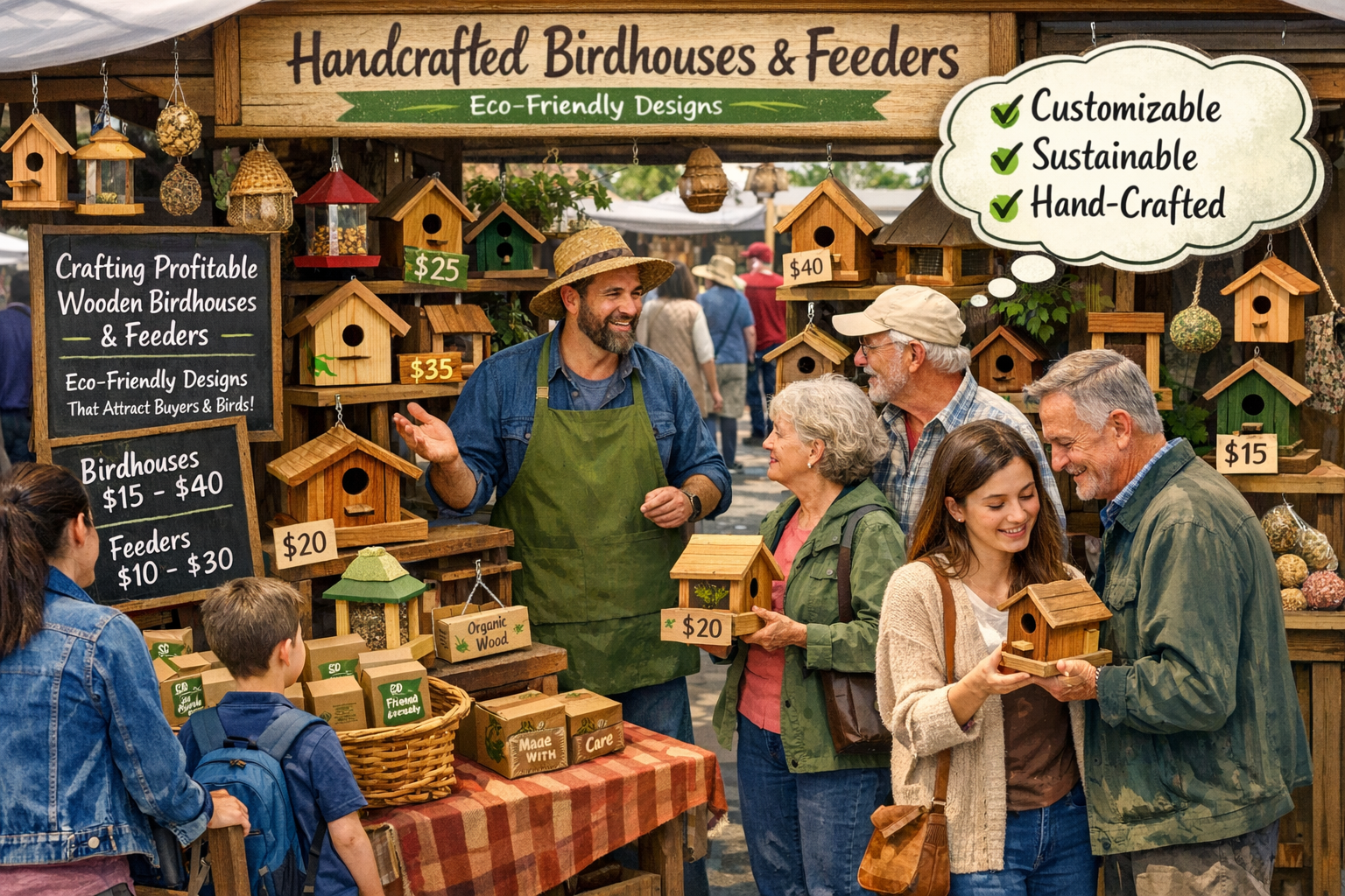 Landscape format (1536x1024) image depicting a bustling outdoor craft market stall, overflowing with a variety of attractively displayed woo