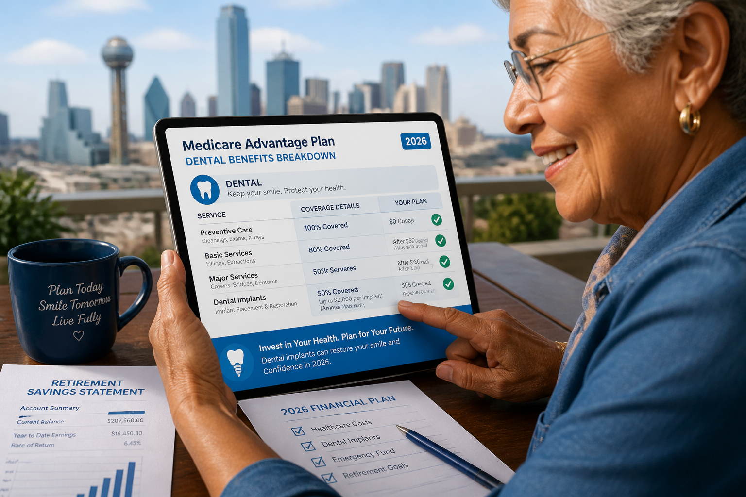 A detailed () image showing a close-up of a senior person (diverse ethnicity, warm smile) confidently interacting with a