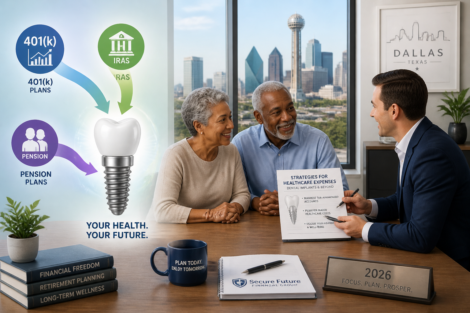 A () image illustrating various retirement savings vehicles (401k, IRA, pension symbols) flowing into a stylized dental