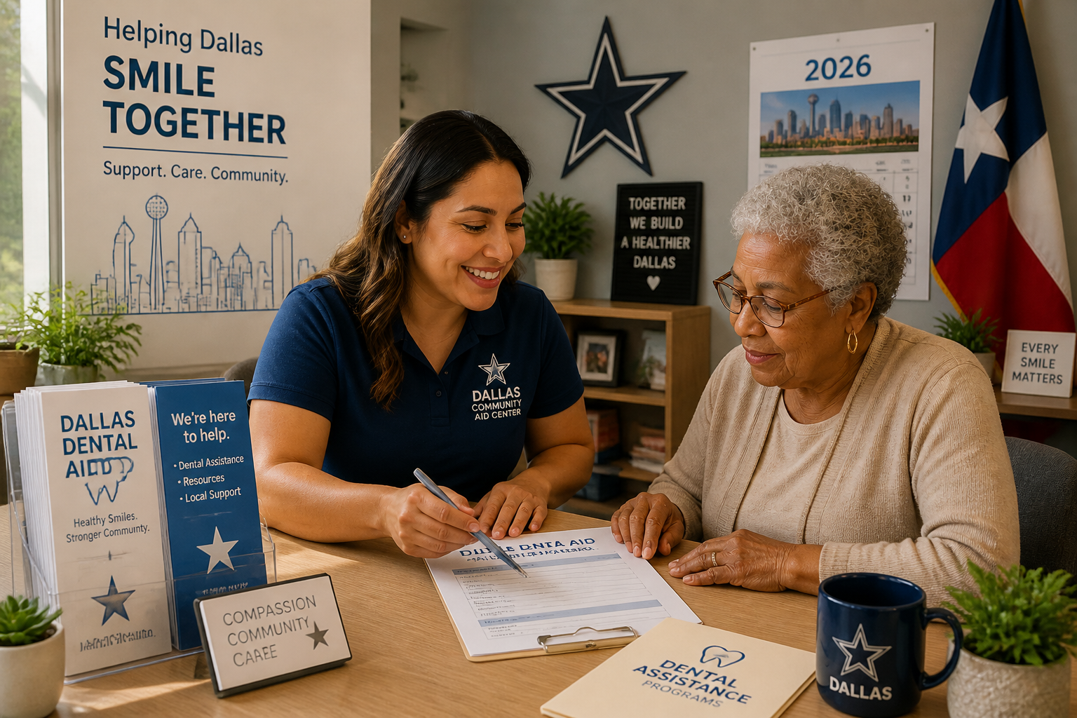 A warm and inviting () image showing a community aid center or local non-profit office in Dallas. A helpful, empathetic