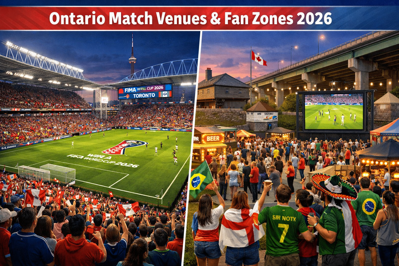 Detailed () editorial infographic-style image showing a split-scene composition: left side features Toronto Stadium at