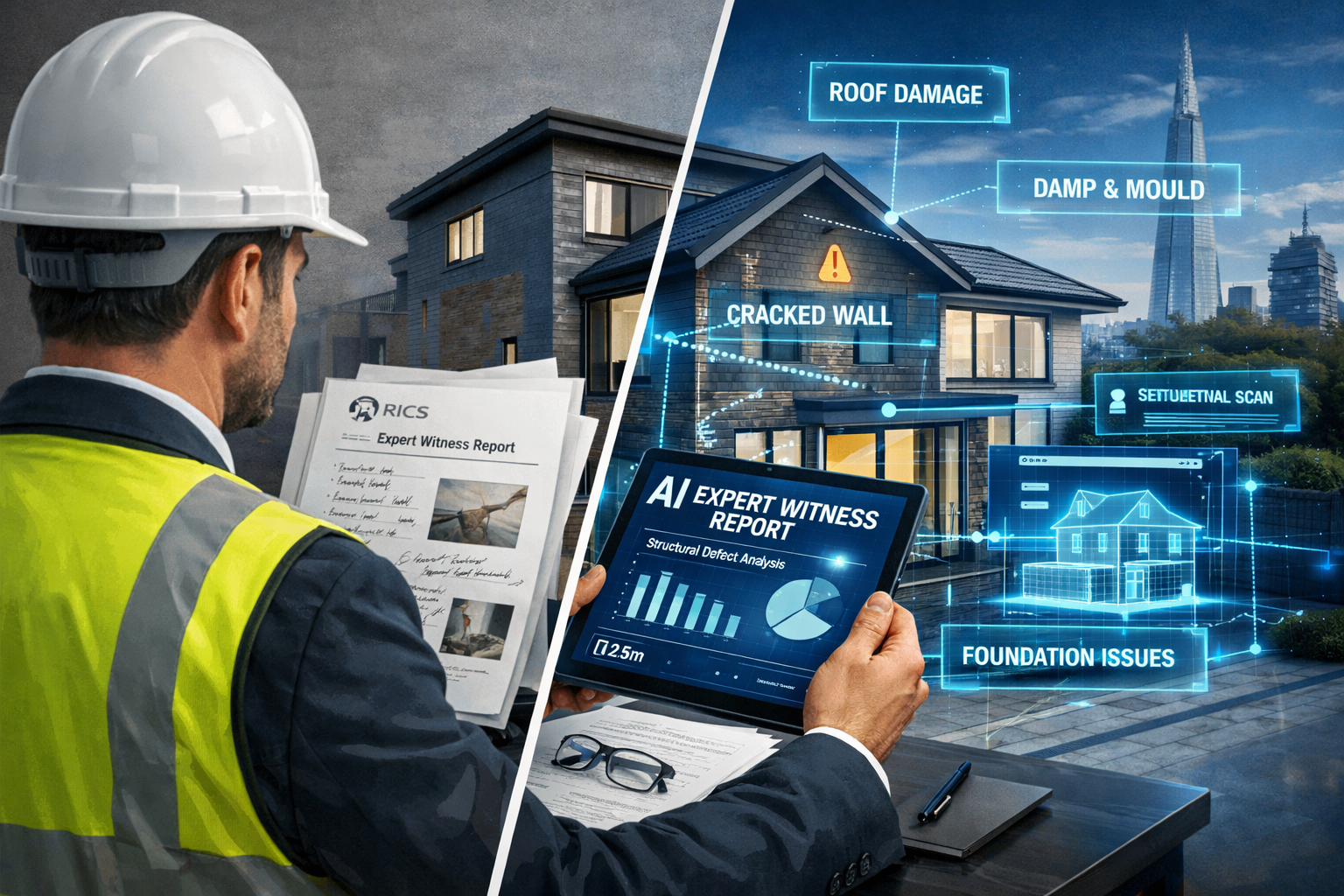 Detailed () editorial illustration showing a building surveyor in professional attire reviewing a digital tablet displaying