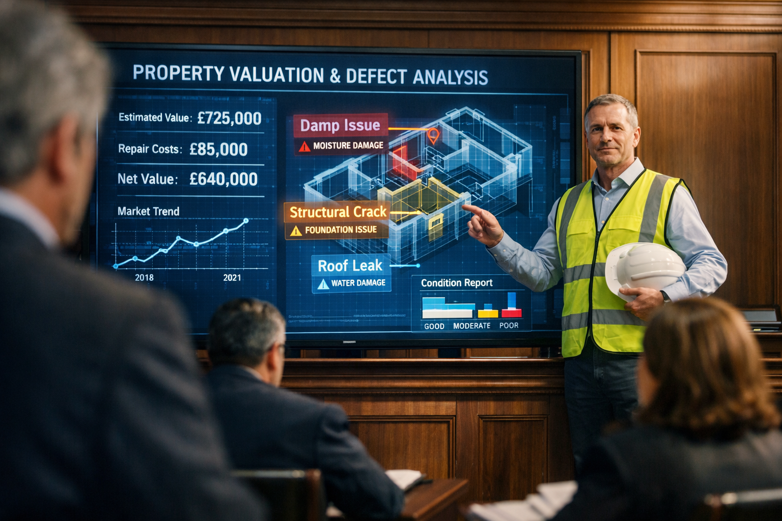 Detailed () dramatic courtroom perspective image showing a witness stand with a large digital screen displaying AI-generated