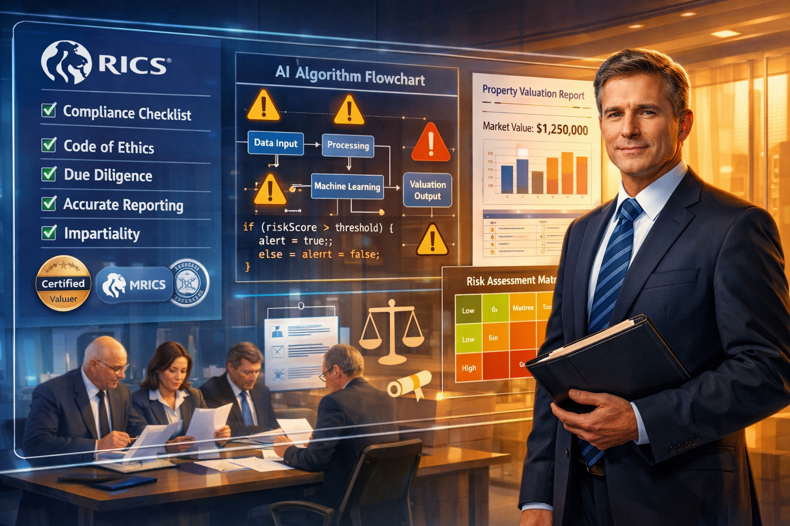 Detailed () illustration showing professional expert witness in business attire standing before large transparent digital