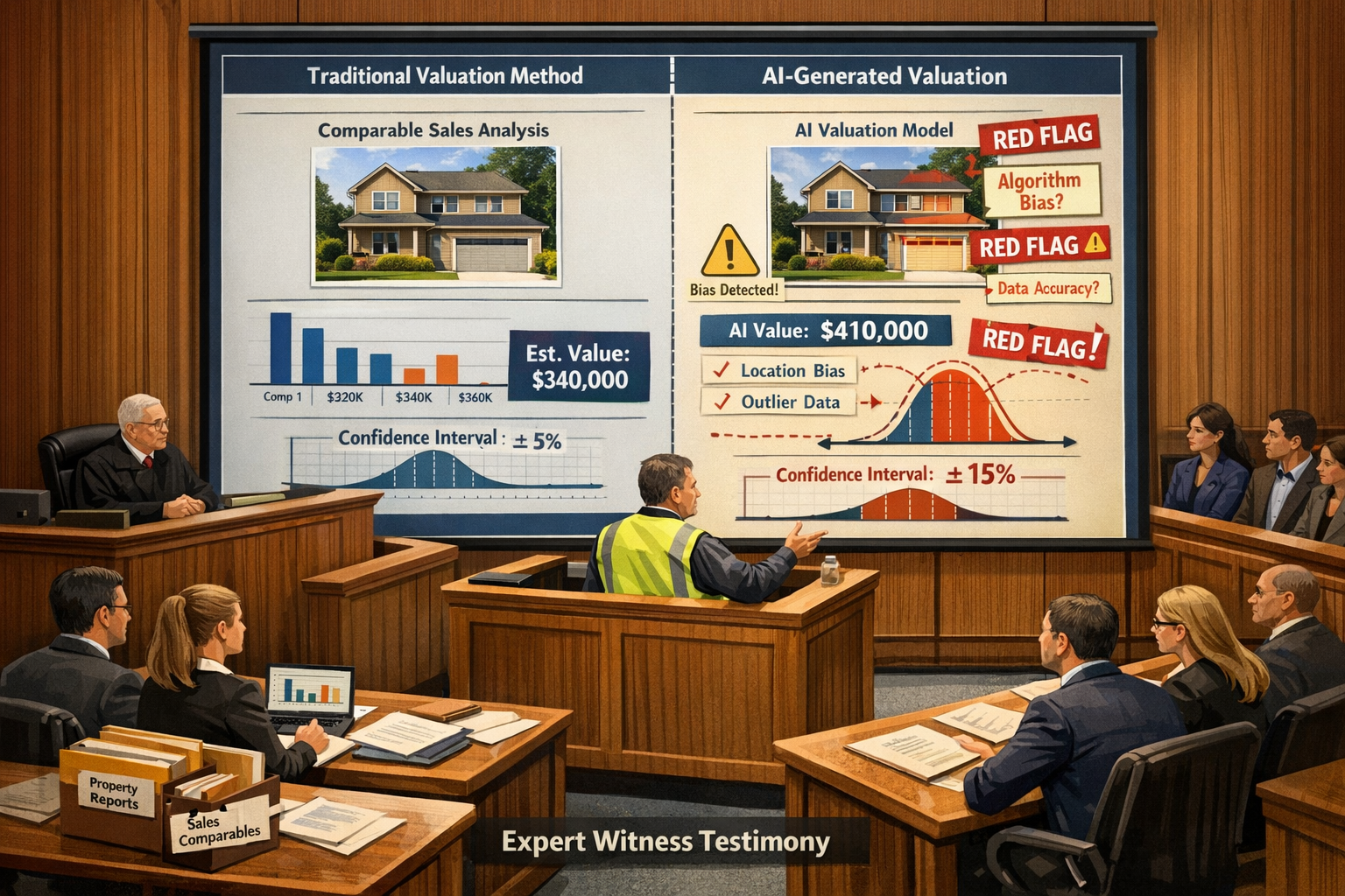 Comprehensive () infographic-style visualization depicting courtroom scene from elevated angle showing expert witness