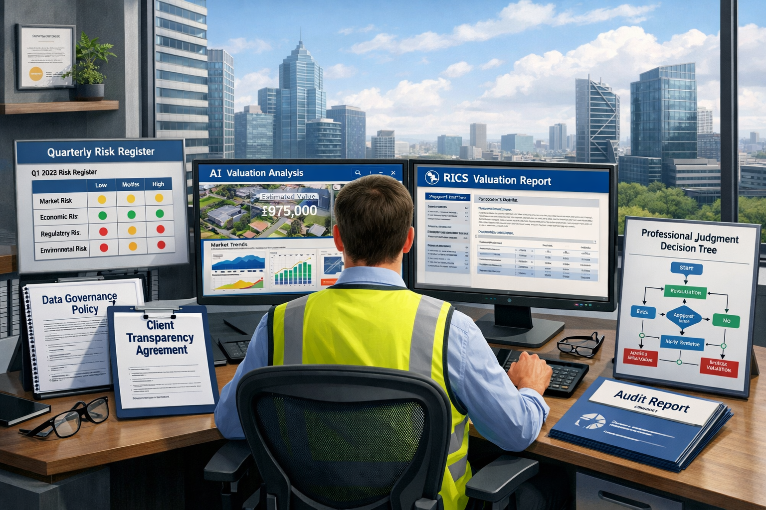Detailed () conceptual illustration showing futuristic 2026 property valuation workspace with surveyor at modern desk using