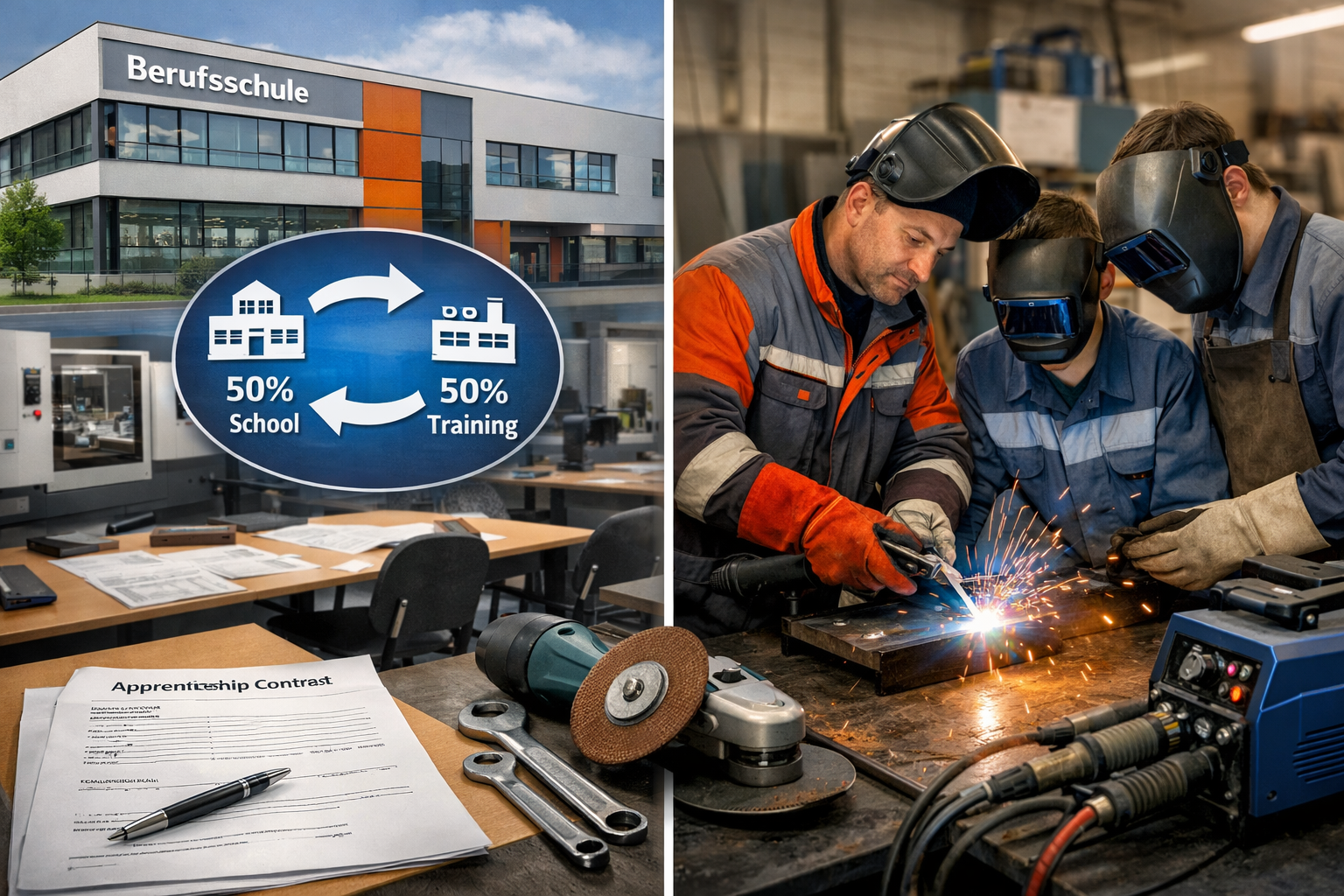 no text on the images. Landscape format (1536x1024) image showing detailed overview of Austrian vocational school system for metalworkers, s