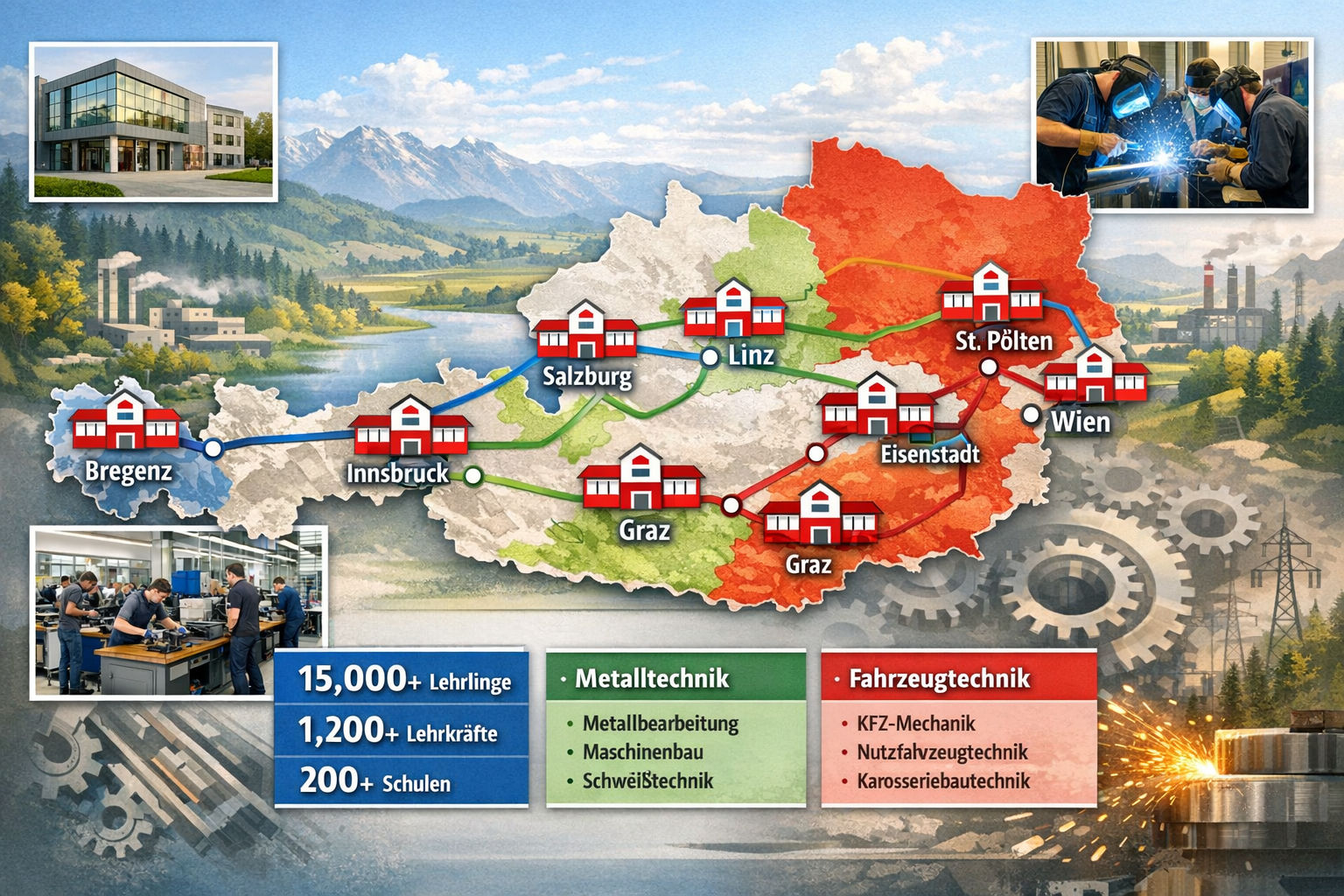 no text on the images. Landscape format (1536x1024) image depicting comprehensive map of Austria with major cities marked (Wien, Graz, Linz,