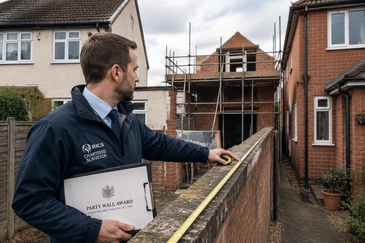 Wide-angle editorial photograph of a British chartered surveyor standing at a shared garden boundary wall between two