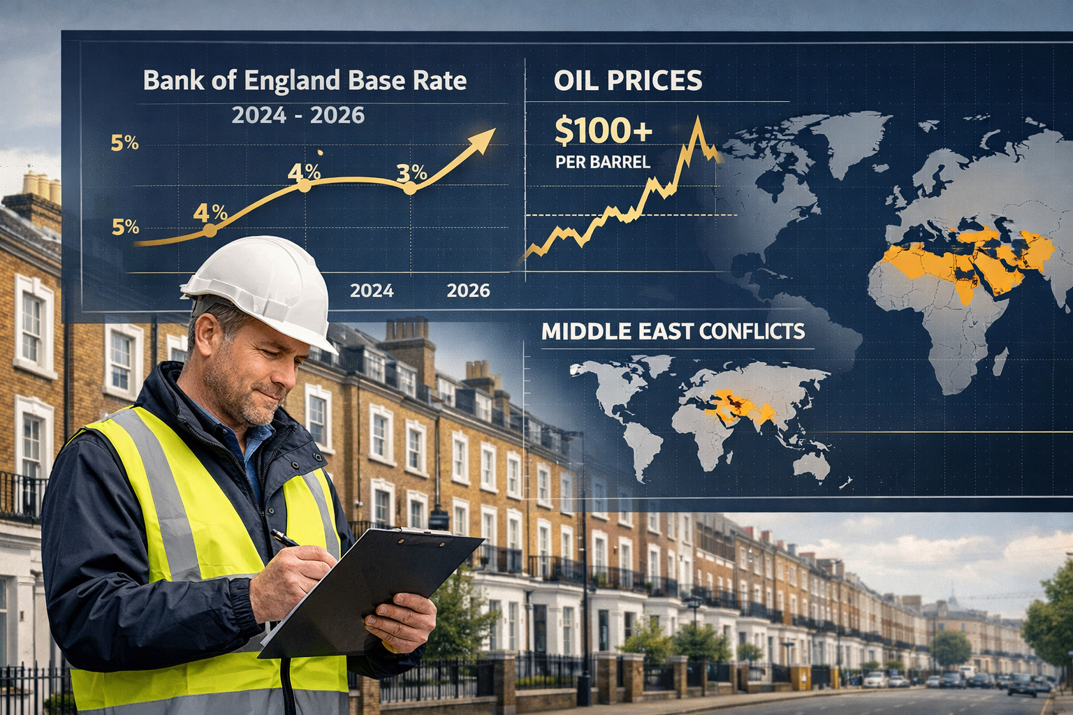 Wide-angle editorial illustration showing a building surveyor in a hard hat reviewing a clipboard with property valuation