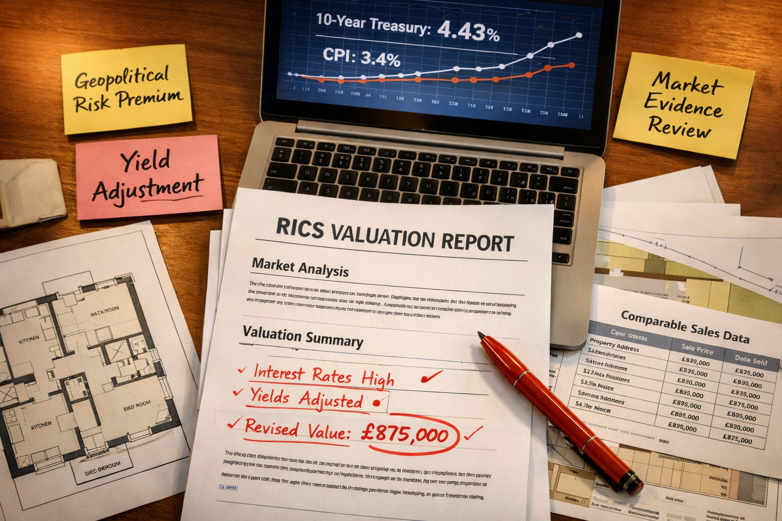Close-up overhead shot of a surveyor's desk with RICS valuation report documents, a red pen marking adjustments, and a