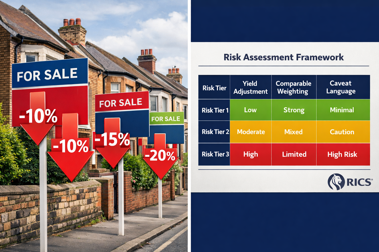 Split-panel infographic-style image: left panel shows a UK residential street with 'FOR SALE' signs and downward-pointing