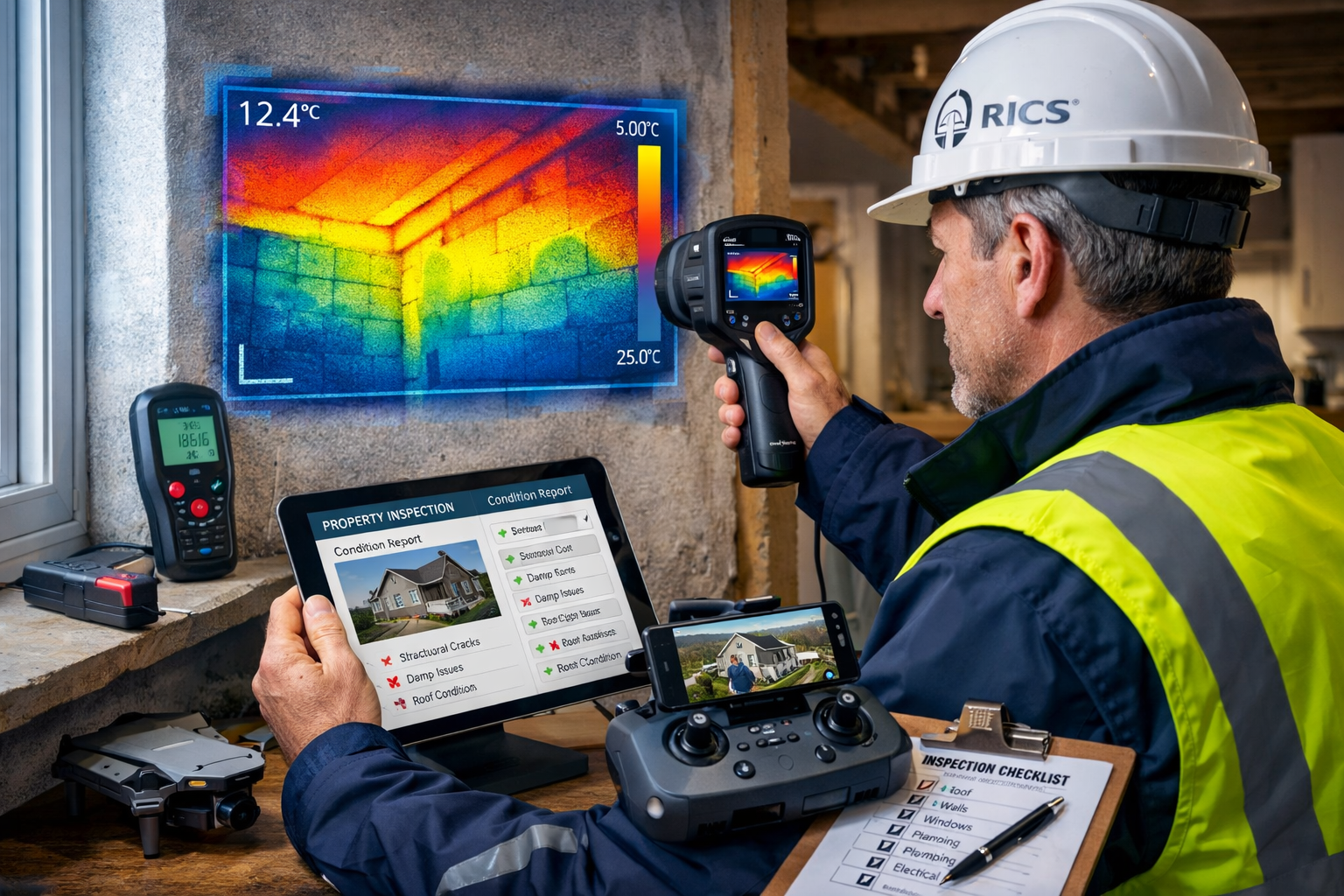 Detailed () image depicting professional RICS chartered surveyor conducting comprehensive property assessment using modern