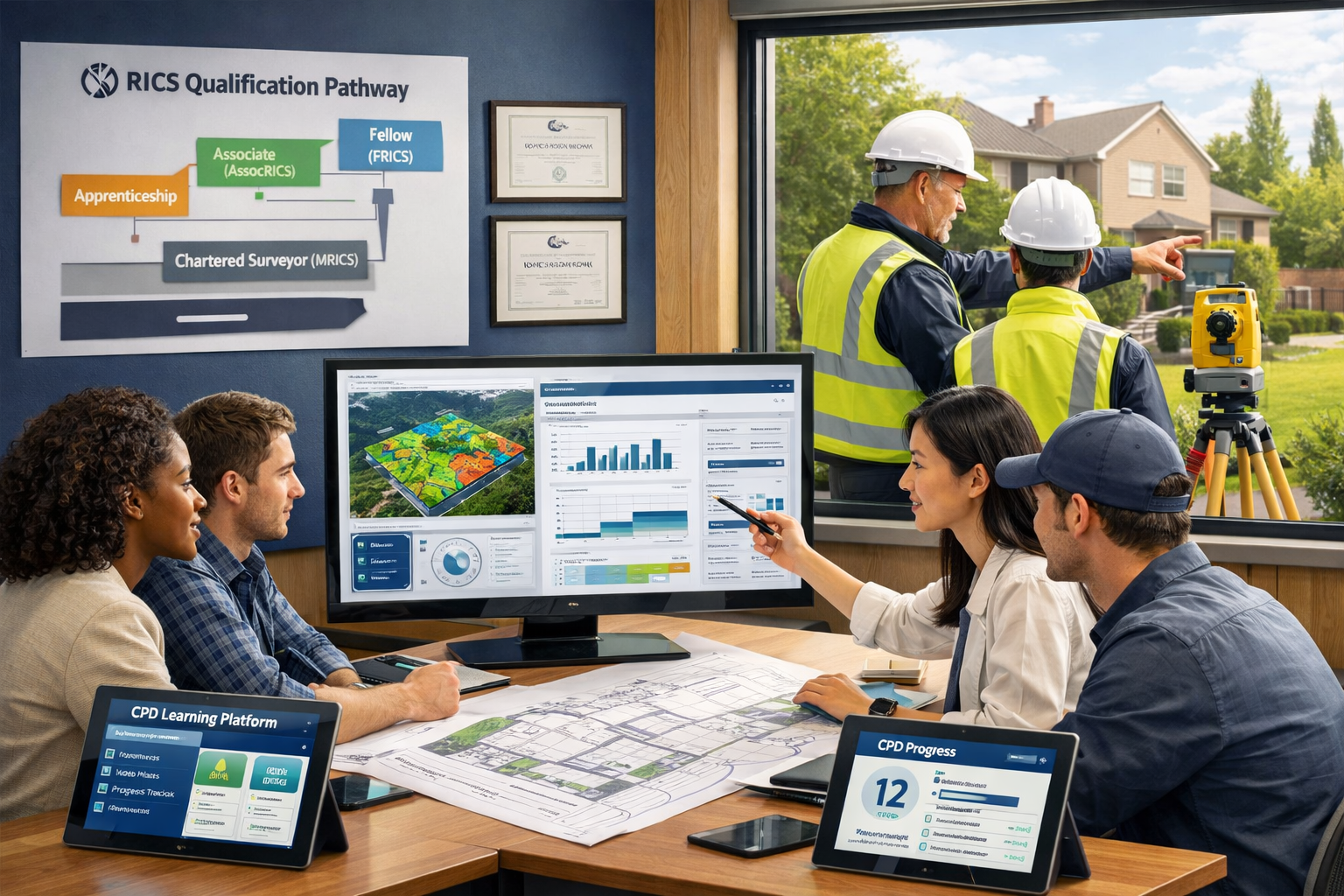 Detailed () image showing modern surveying training and workforce development scene. Foreground features diverse group of