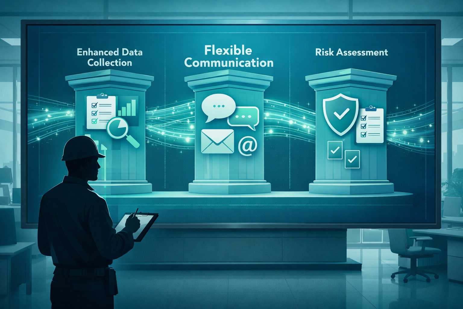 () conceptual illustration showing three-pillar framework visualization: left pillar labeled 'Enhanced Data Collection' with