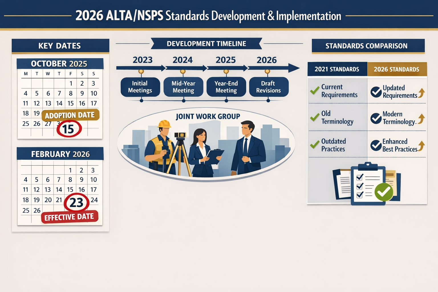 Detailed landscape format (1536x1024) infographic showing timeline visualization of 2026 ALTA/NSPS standards development and implementation.