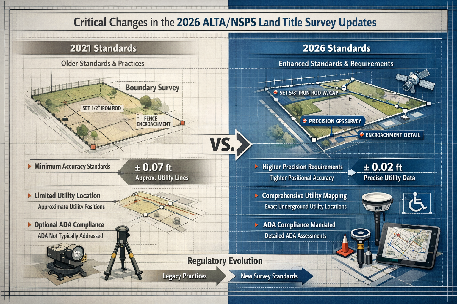 A detailed technical infographic illustrating the 'Critical Changes in the 2026 ALTA/NSPS Land Title Survey Updates', featuring a split-scre