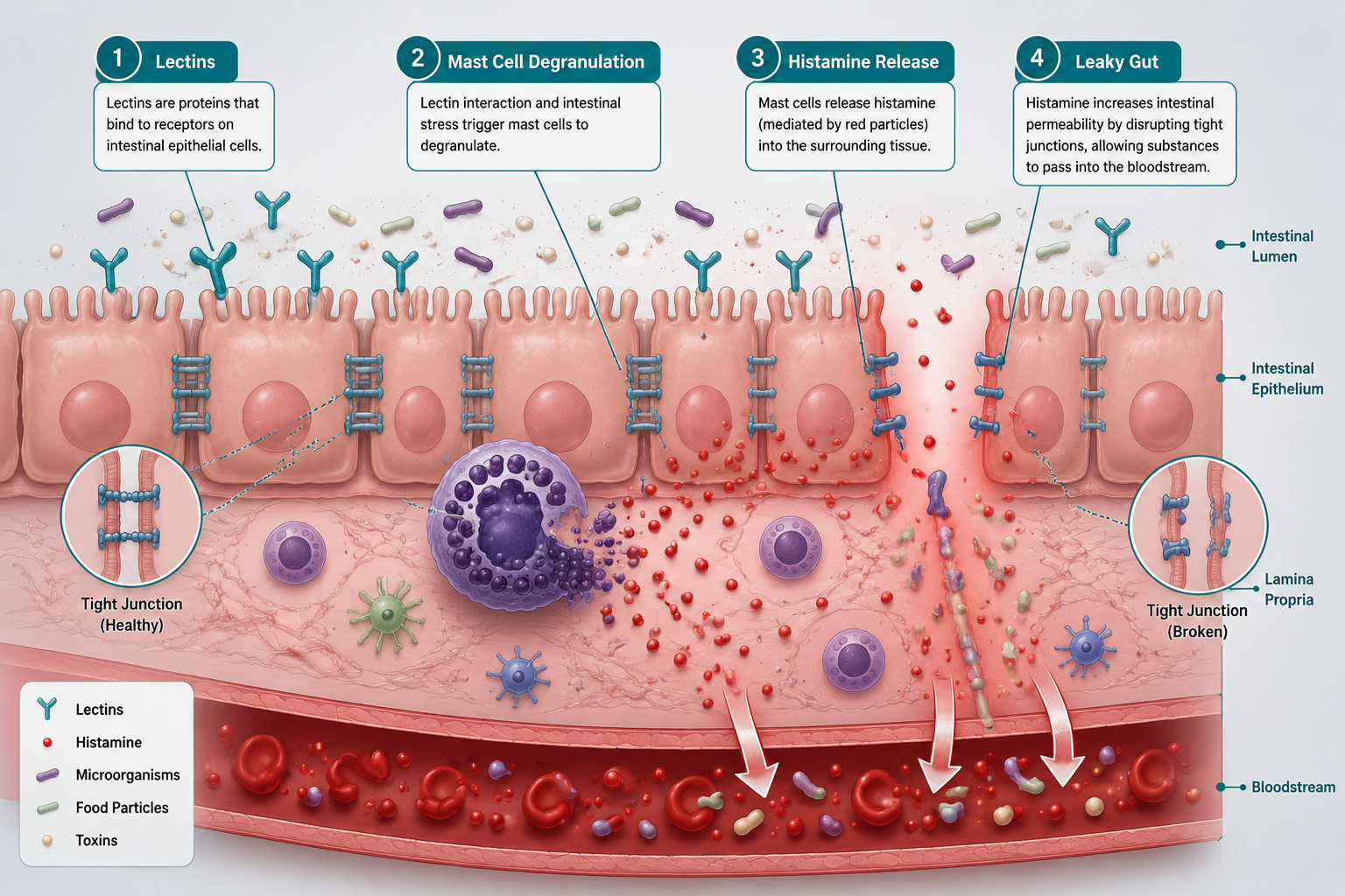 Detailed () editorial illustration showing a cross-section diagram of the human gut wall with tight junction proteins