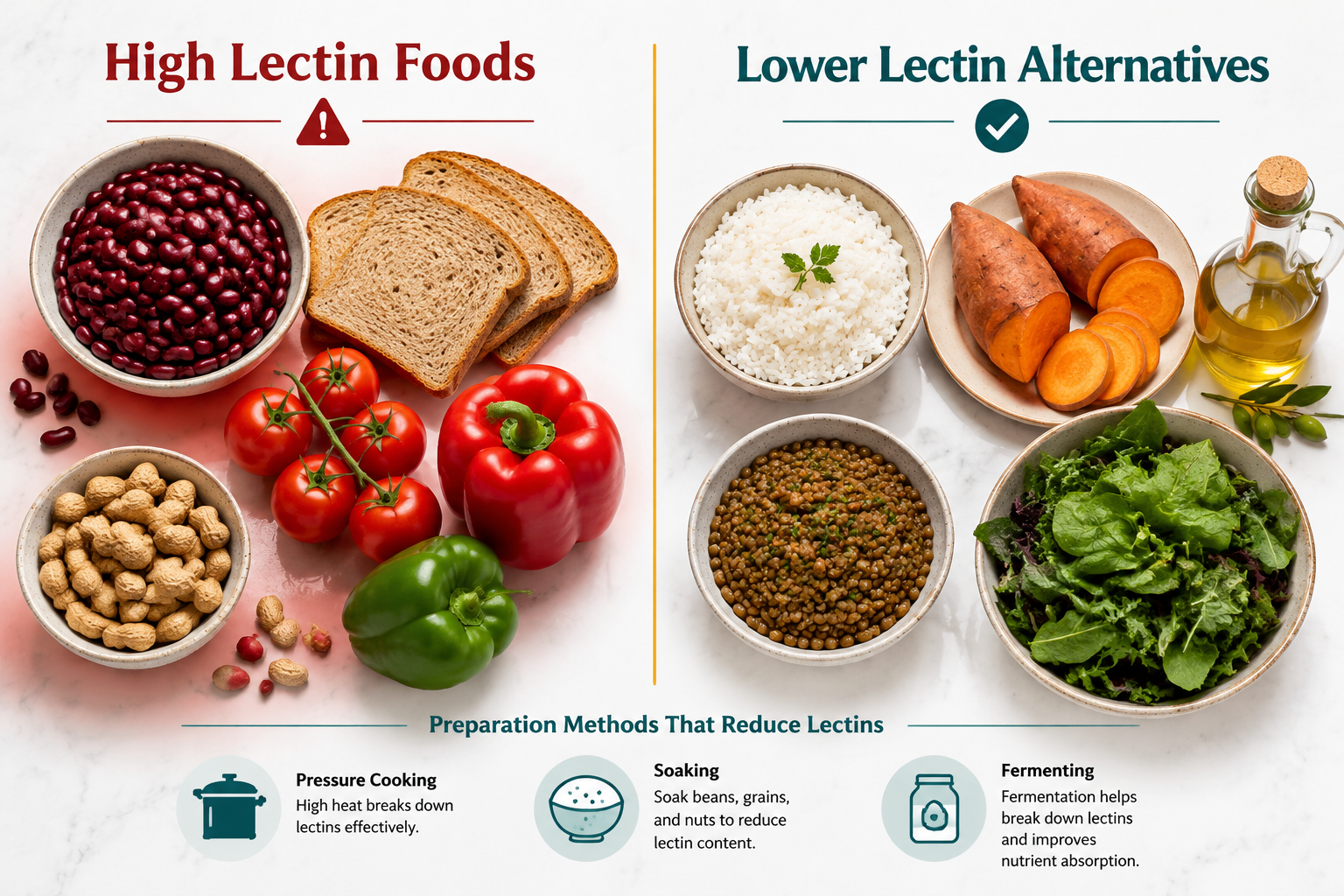 Detailed () flat-lay food photography showing two clearly divided sections on a clean white marble surface. Left side